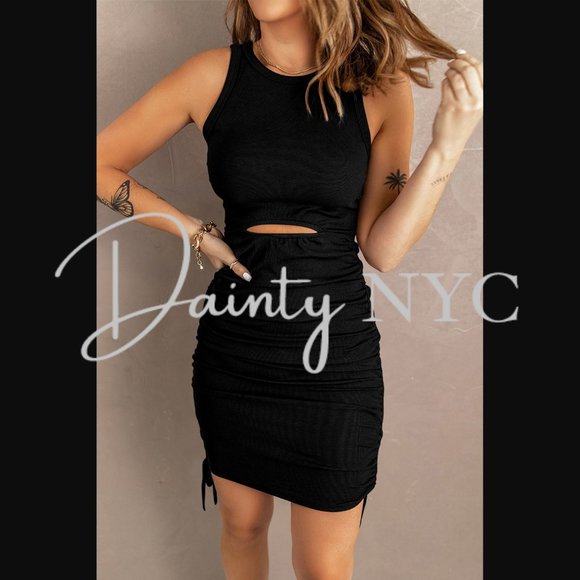 Ruched Drawstring Bodycon Mini Dress BLACK - Picture 4 of 9